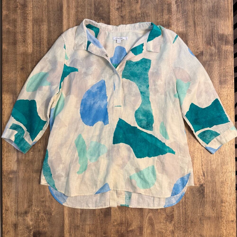 Chico's 100% Linen Blouse Watercolor 3/4 Sleeve Popover Cream Women's (2) US 12 - Picture 7 of 8